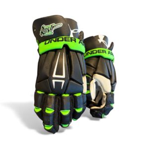 Used Under Armour Command Pro  " Team Saskatchewan Rush" Lacrosse Gloves Black / Green -14"